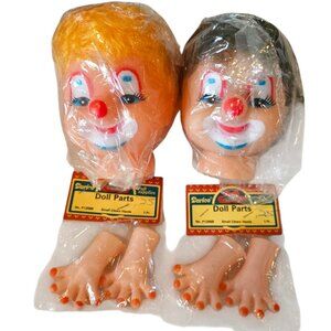 Vintage Kitschy Clown Doll Heads Hands Lot 5 Inches Rubber Face By DARICE